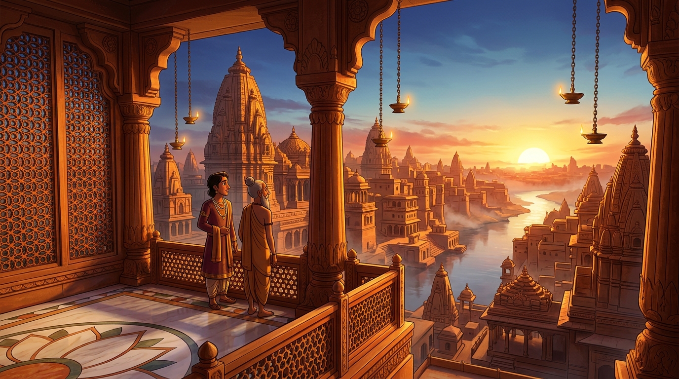 The glorious seventy-first sunrise illuminates sandstone towers of Chandravati with solar gold