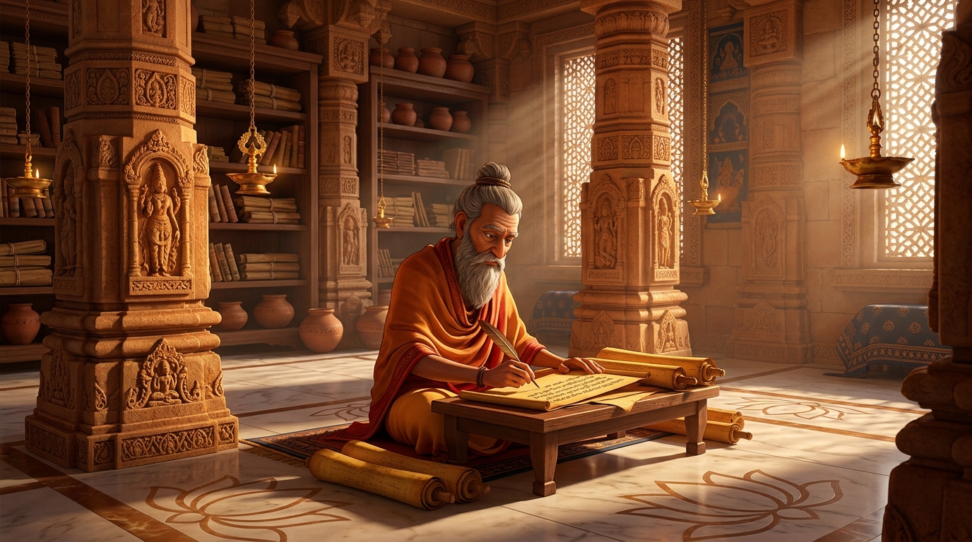 An ancient sage writing final sacred verses of Shuka Saptati on golden birch-bark scrolls