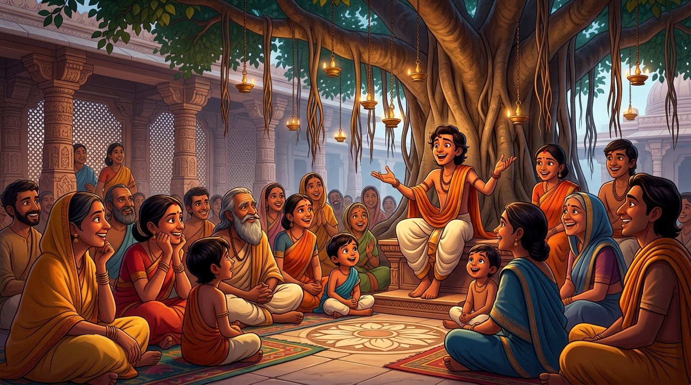 Families, scholars, and youth gathered under a sacred banyan tree, listening to Shuka Saptati