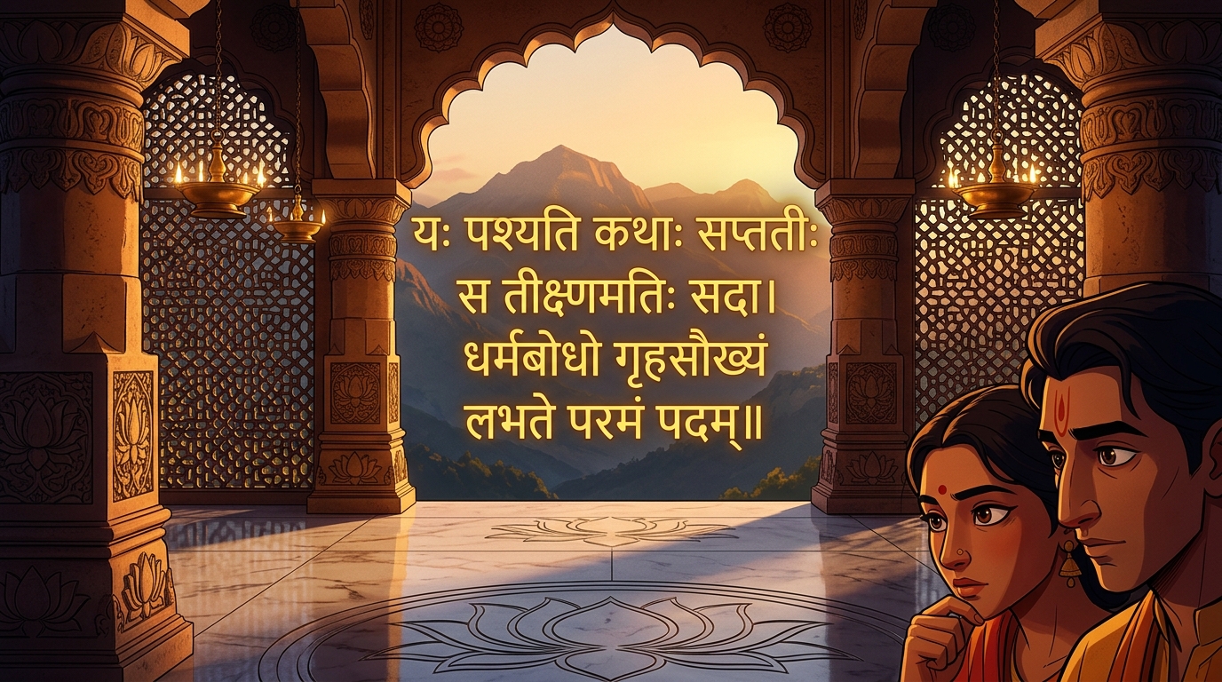 Sanskrit benediction in golden Devanagari: 'Whoever contemplates these seventy tales attains wisdom'
