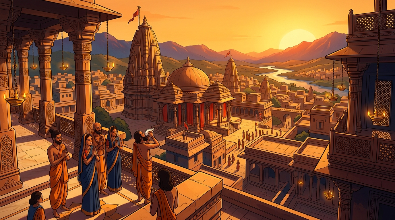 Panoramic vista of ancient Bharat under golden sun, temple conches resounding with peace