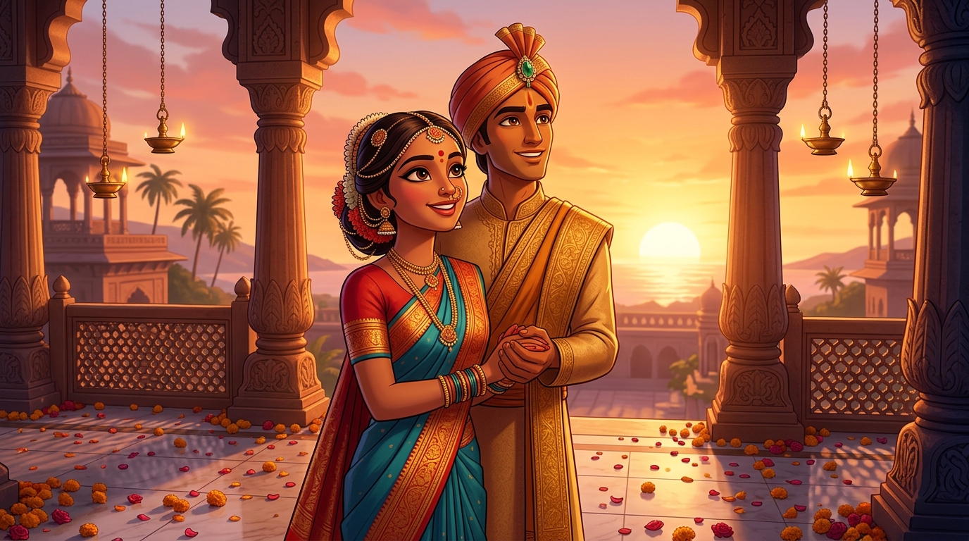 Final grand climax: Prabhavati and Madanavinoda holding hands on terrace at dawn, gazing at sunrise