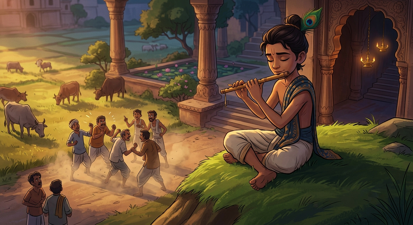 Chandrabhanu resting peacefully atop a high grassy green earthen mound, watching with calm eyes
