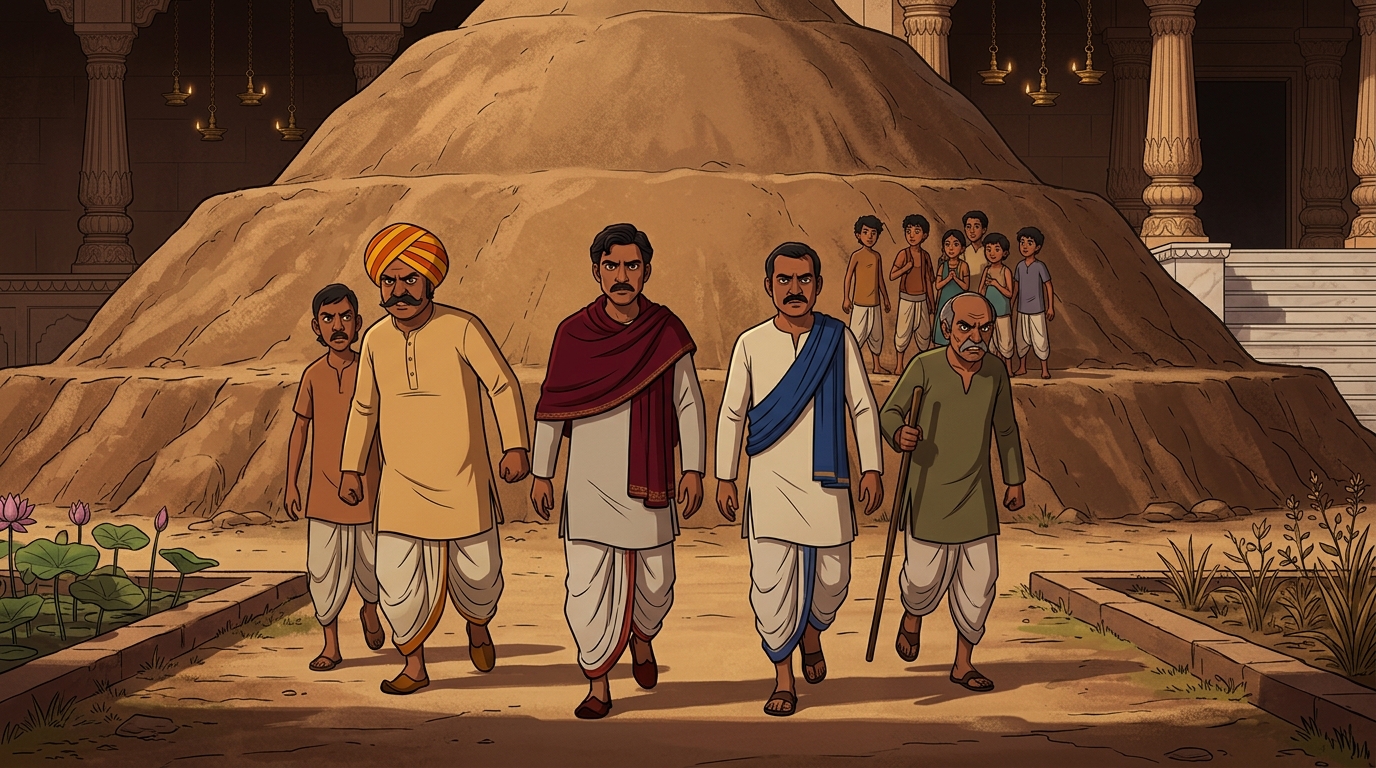 The landowners march toward the mound, intending to ask the youth to fetch the town elder