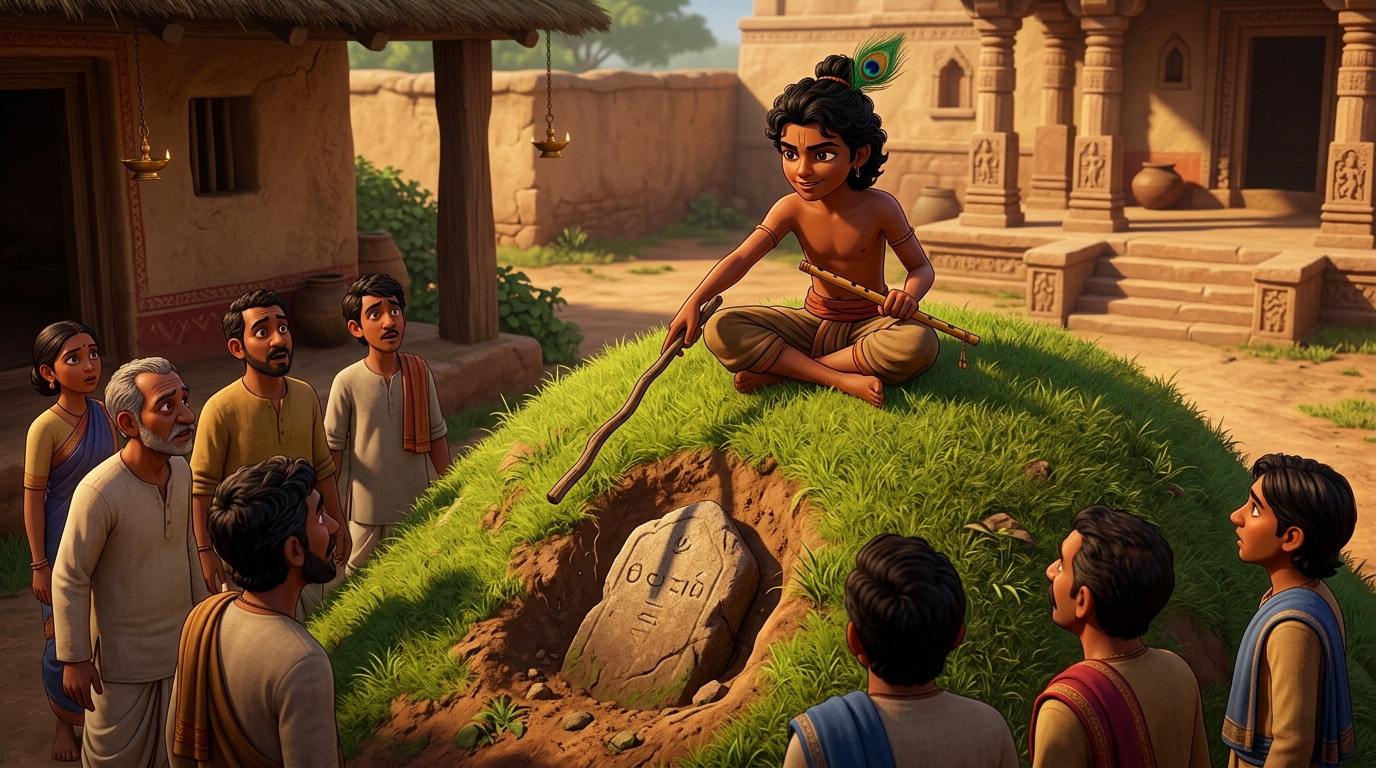 Chandrabhanu interrogates the farmers, pointing to reveal hidden ancestral boundary stones