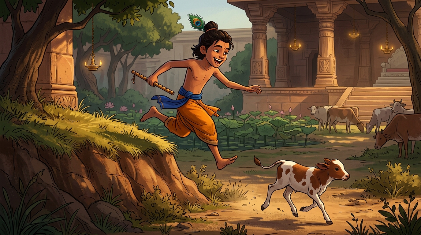 Chandrabhanu hops down from the mound, laughing and running after a stray calf