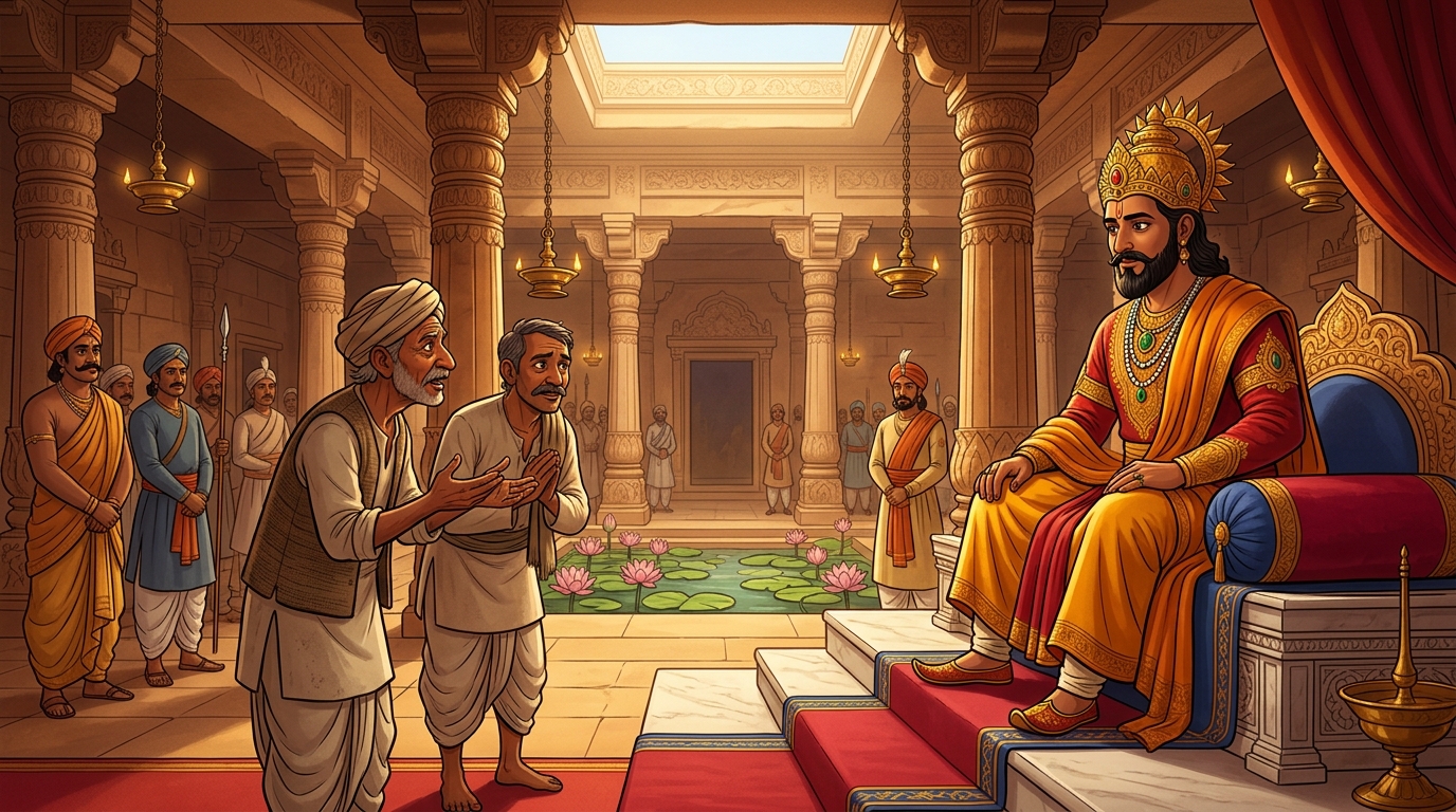 In the grand sandstone court of Dharanagari, the farmers describe the miracle to King Bhoja