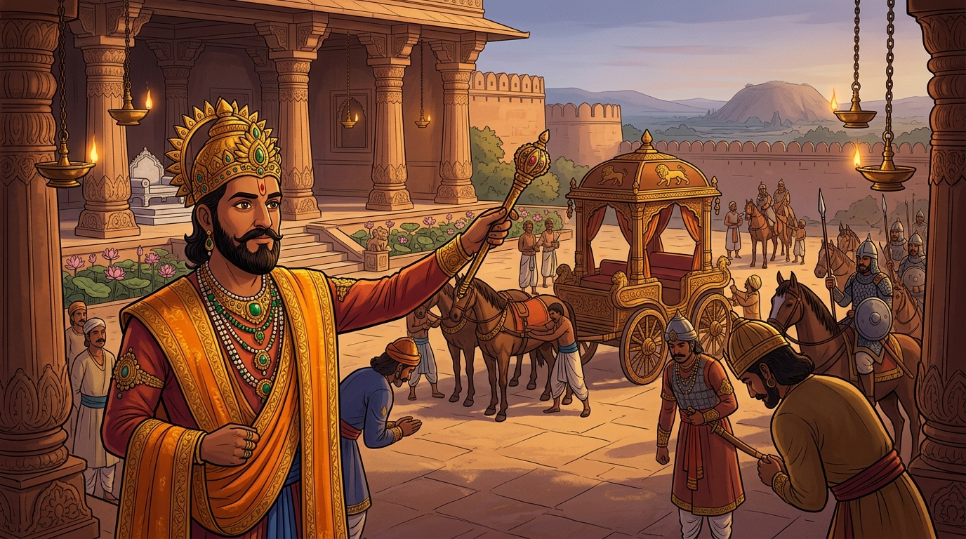 King Bhoja raises his scepter, ordering the royal cavalry prepared to investigate