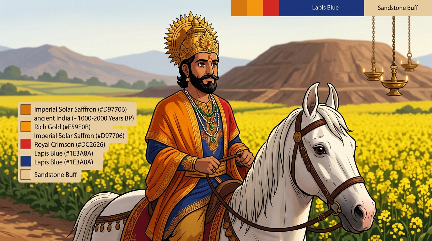 King Bhoja in traveling silks rides a white Marwari stallion across mustard fields
