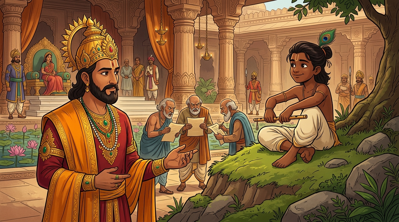 King Bhoja approaches the mound where Chandrabhanu sits grazing his cows