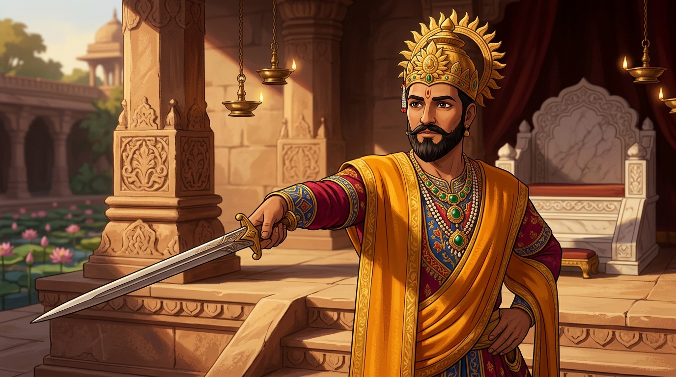King Bhoja climbs the grassy earthen mound, his silk robes rustling as he reaches the crest