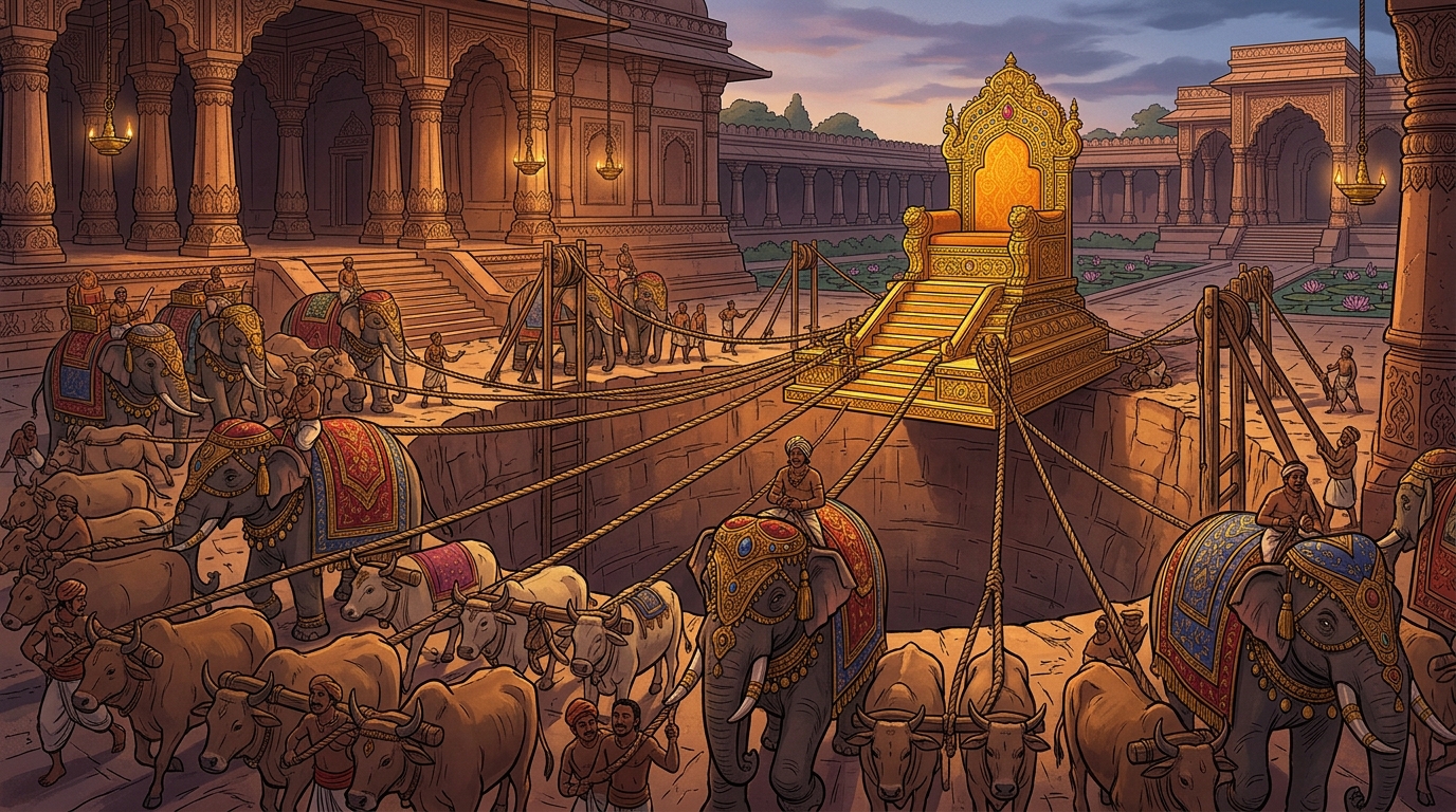 The encampment around the mound sets up torches as night falls over the excavation site