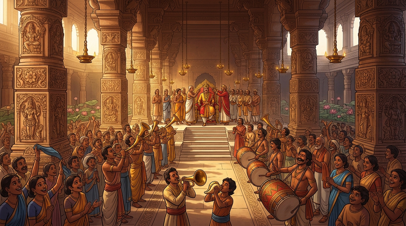 Fifty royal war elephants hoist the colossal golden throne from the excavation pit