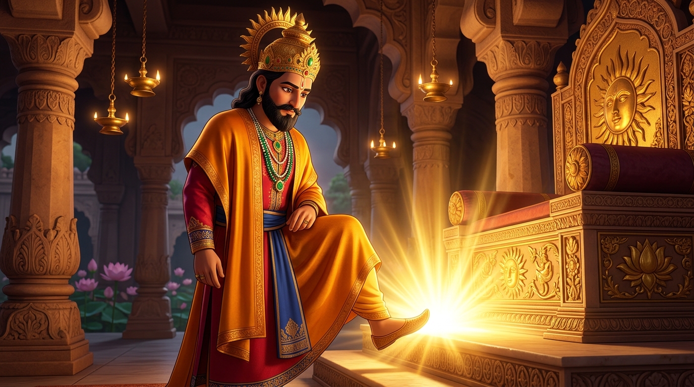 The throne is consecrated on an eight-petaled lotus white marble dais in Dharanagari