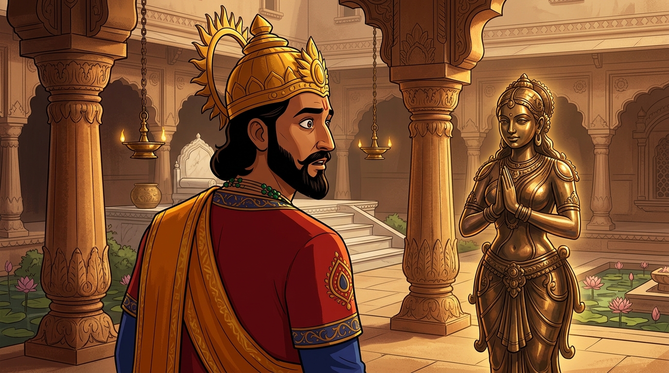 On coronation dawn, King Bhoja lifts his right foot toward the first step; golden light erupts