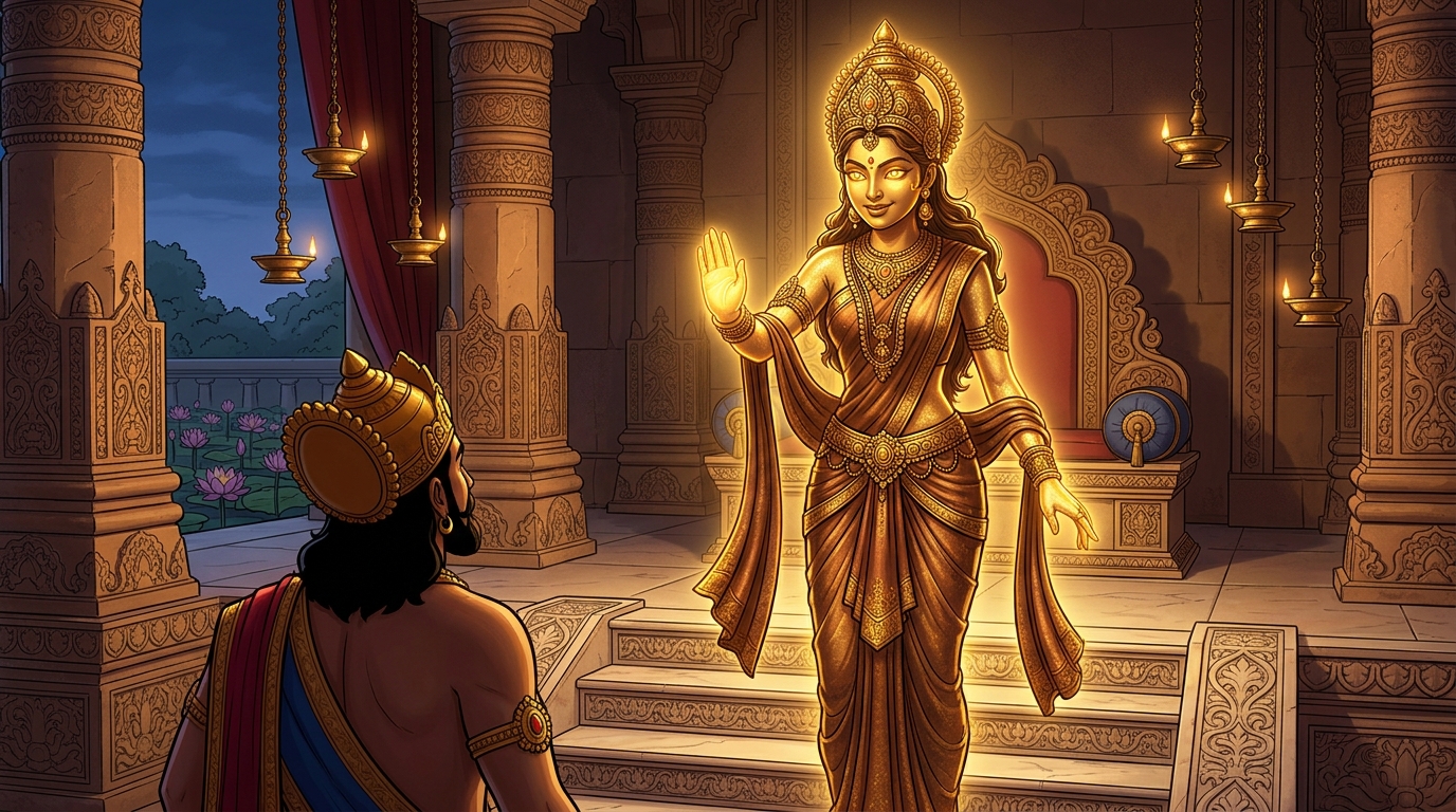 Statue 1 Ratnamanjari comes alive, her bronze eyes glowing with divine amusement