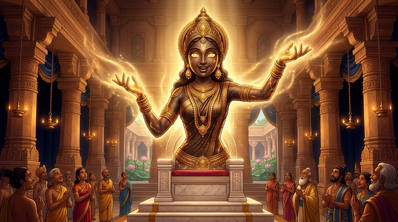 King Bhoja withdraws his foot in humility, folding his hands to hear the first tale