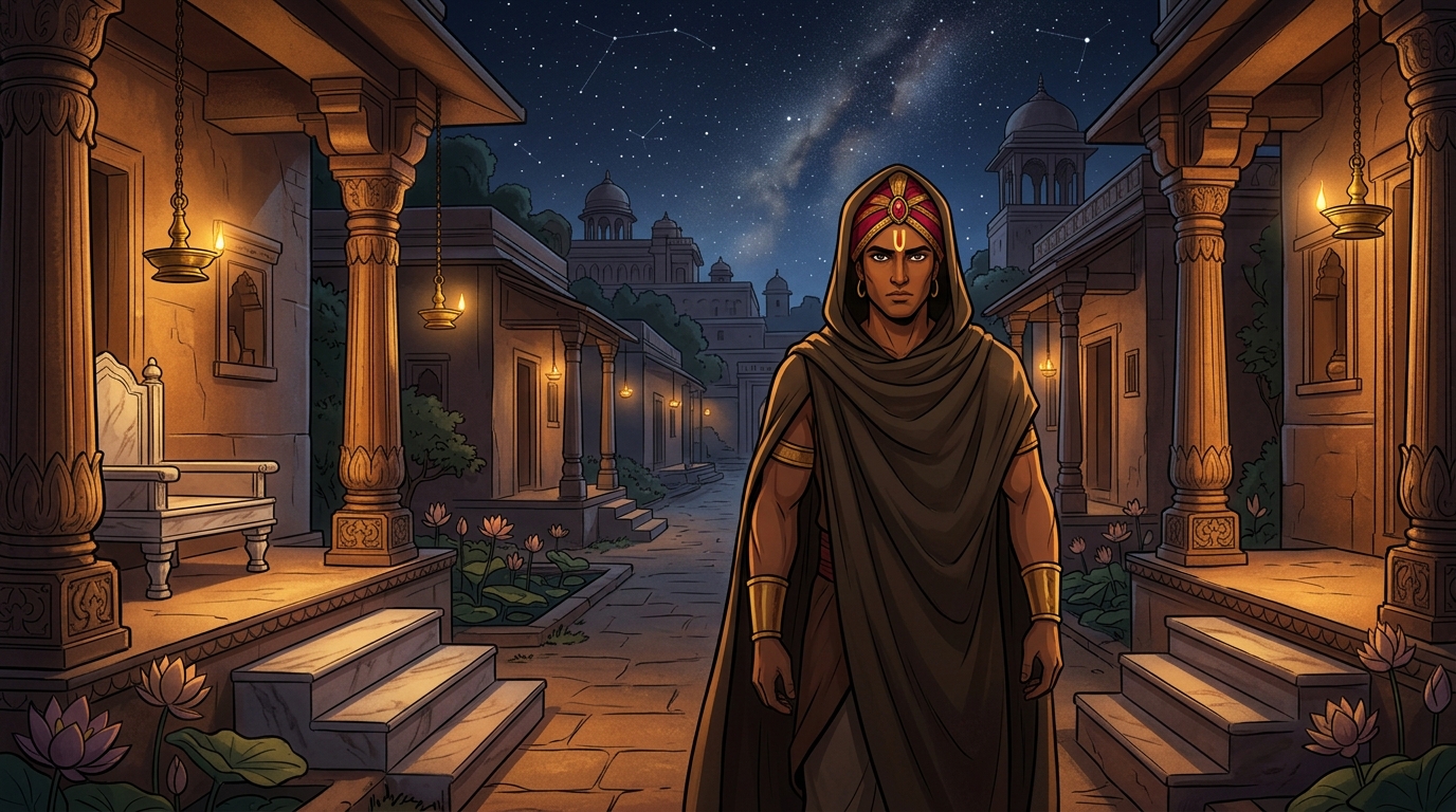 In ancient midnight Ujjayini, Emperor Vikramaditya wanders the streets in a traveler's cloak