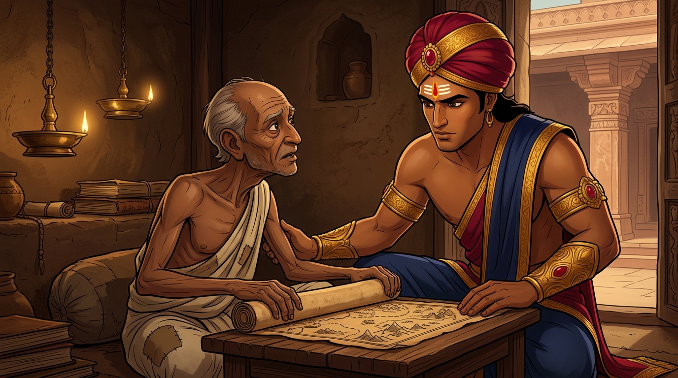 Vikramaditya enters the hut offering comfort; Somasharma unrolls an ancient palm-leaf manuscript