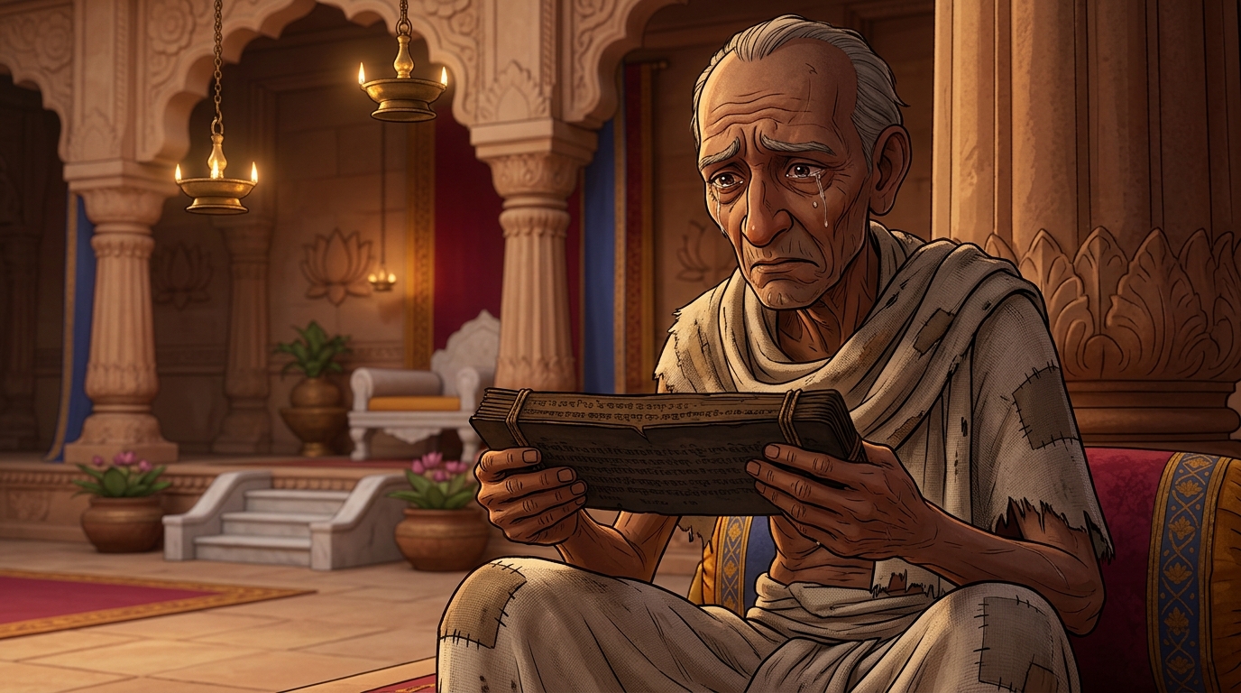 Somasharma unrolls the birch-bark scroll revealing the map to Mount Gandhamadana