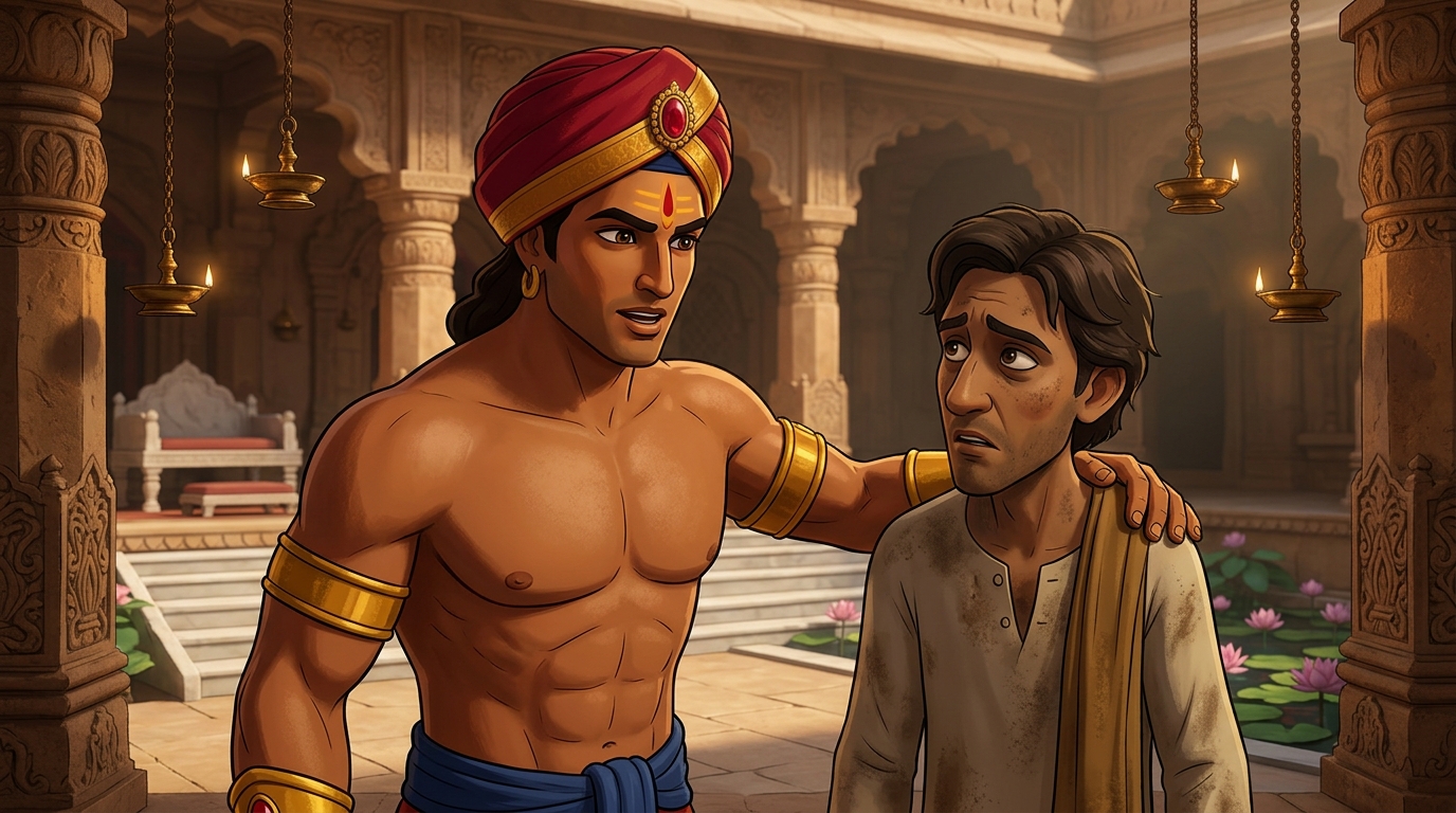 Vikramaditya makes a sacred vow, placing his hand upon the scholar's shoulder