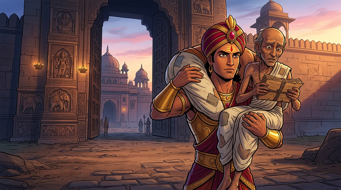 At dawn, Vikramaditya carries the frail scholar upon his broad shoulders across desert dunes