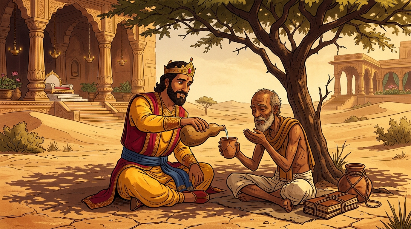 Resting beneath a withered acacia tree; Somasharma collapses from heat exhaustion