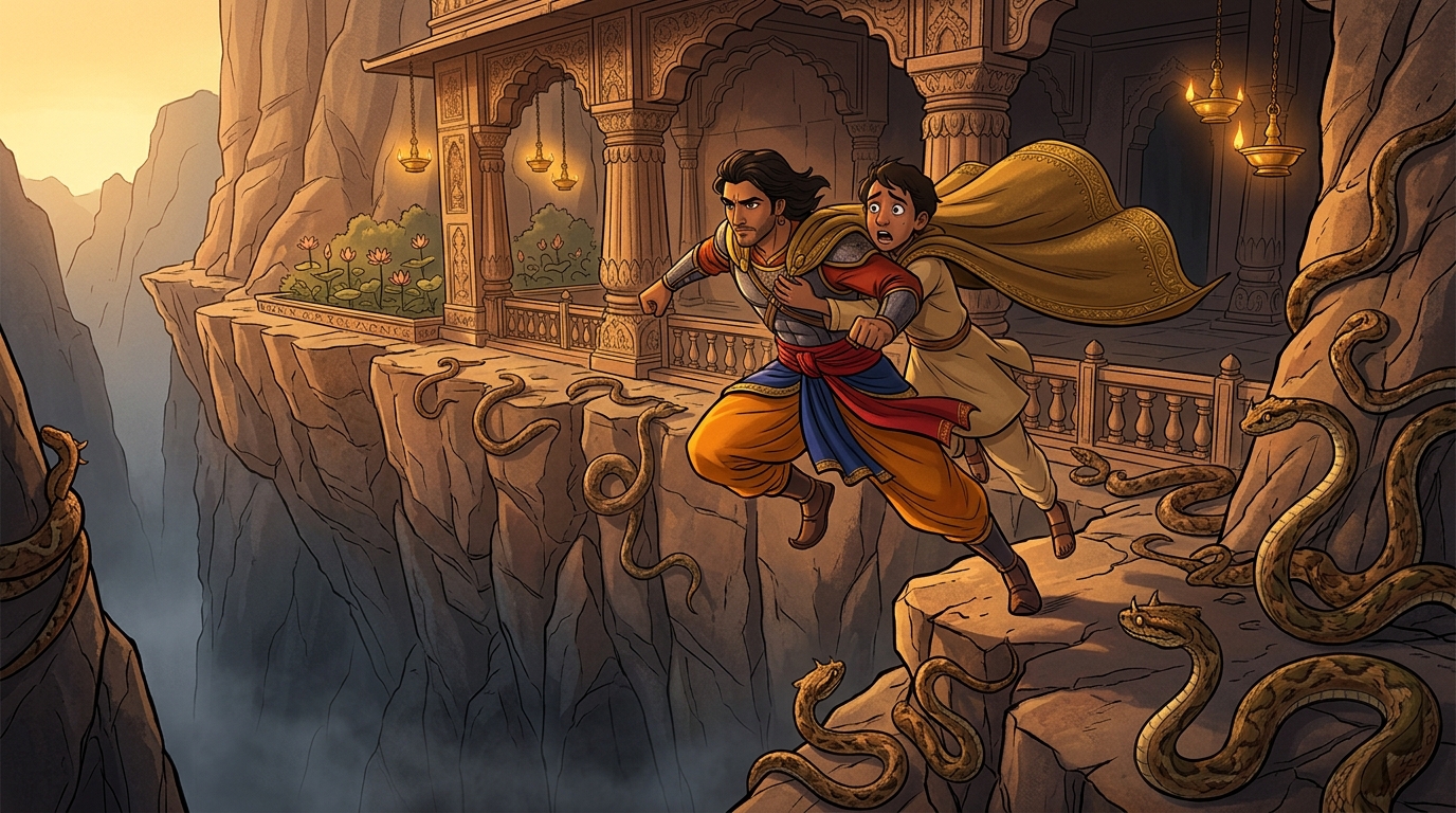 Vikramaditya smiles calmly, encouraging the scholar as the distant mountain peaks appear