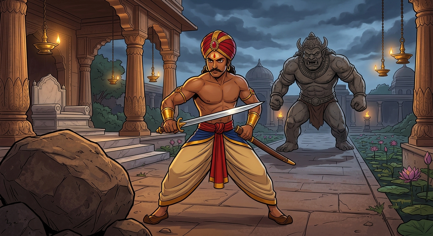 Vikramaditya scales steep granite ledges with the scholar strapped securely to his chest