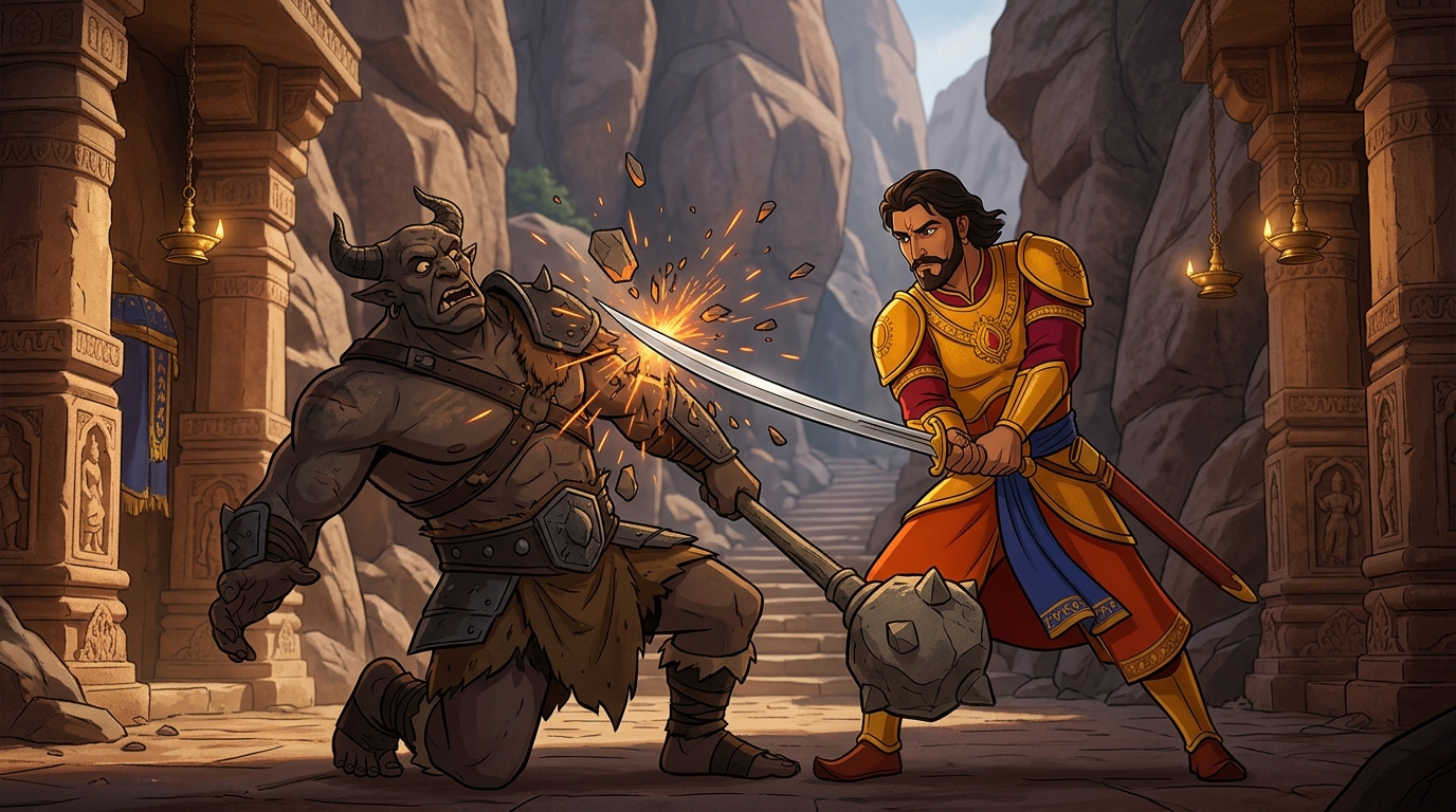 Vikramaditya places the trembling scholar behind a protective rock redoubt