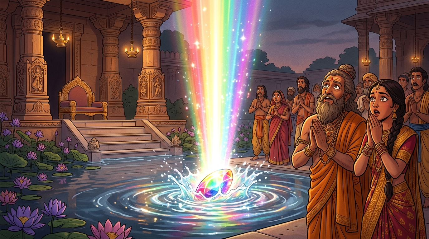 Vikramaditya leaps through the air, slicing the stone mace in half with sparking steel