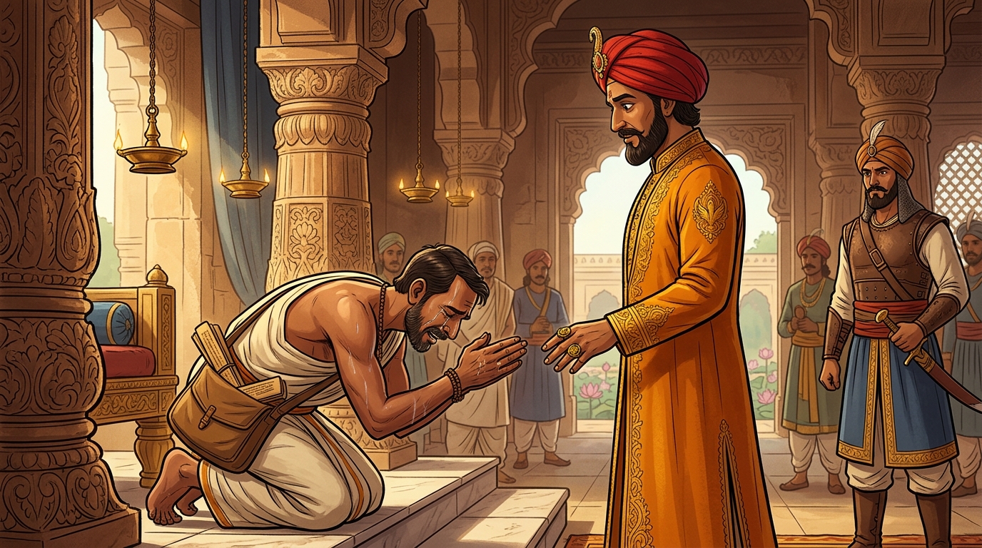 The stone guardian bows before Vikramaditya's valor, parting to reveal the inner cave portal