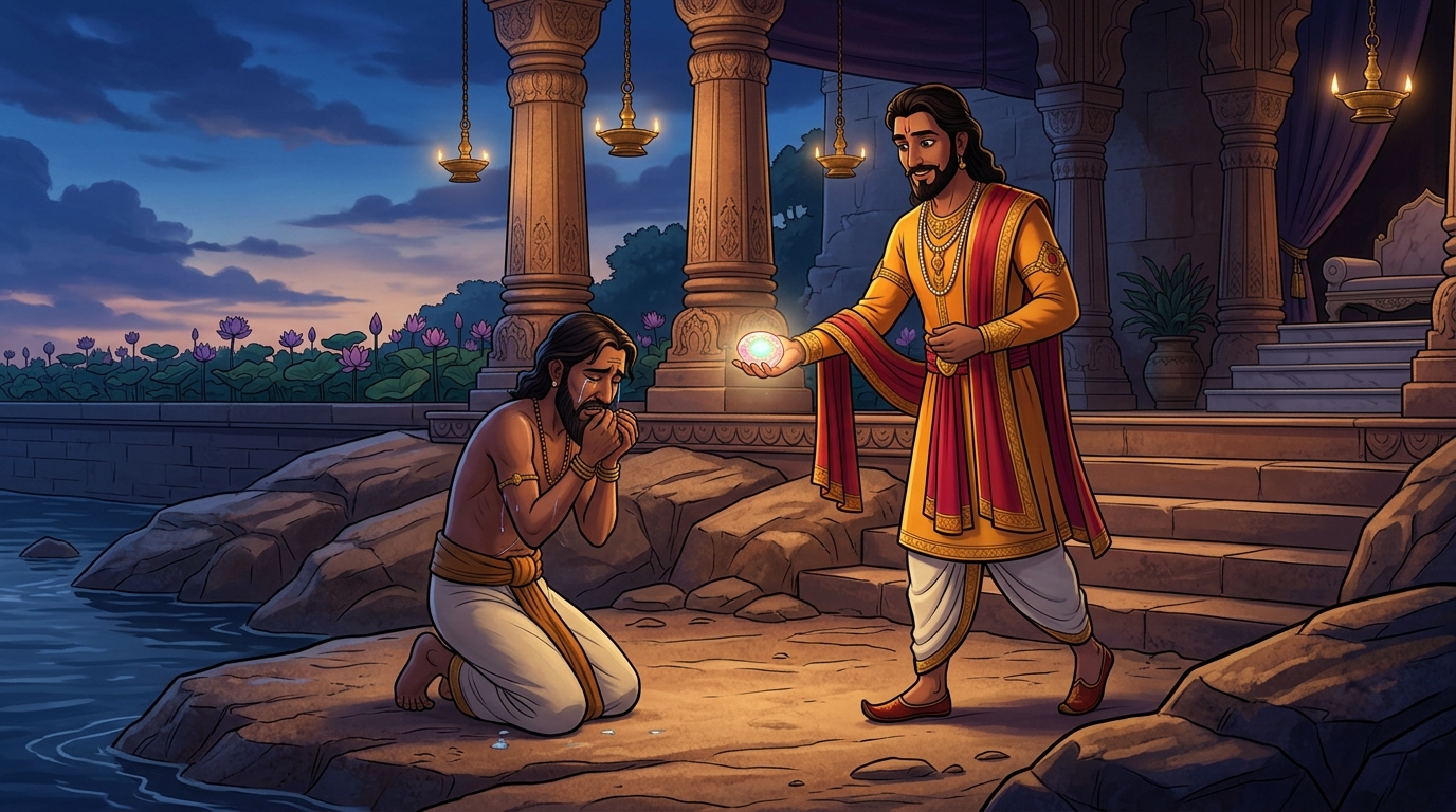 Dripping wet on the shore, Vikramaditya places the jewel directly into Somasharma's hands