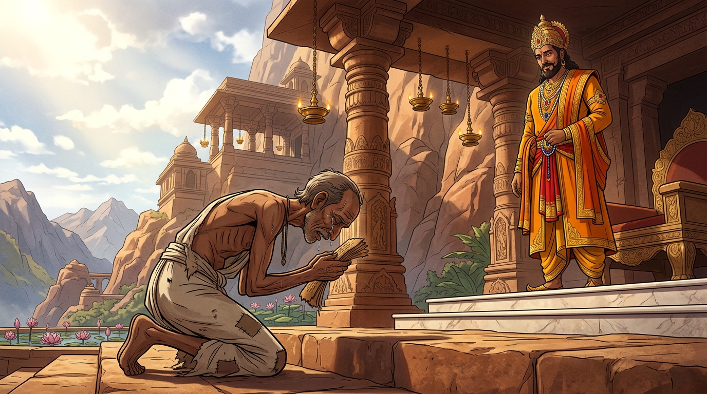 Vikramaditya lifts the scholar, embracing him as a brother and escorting him safely home