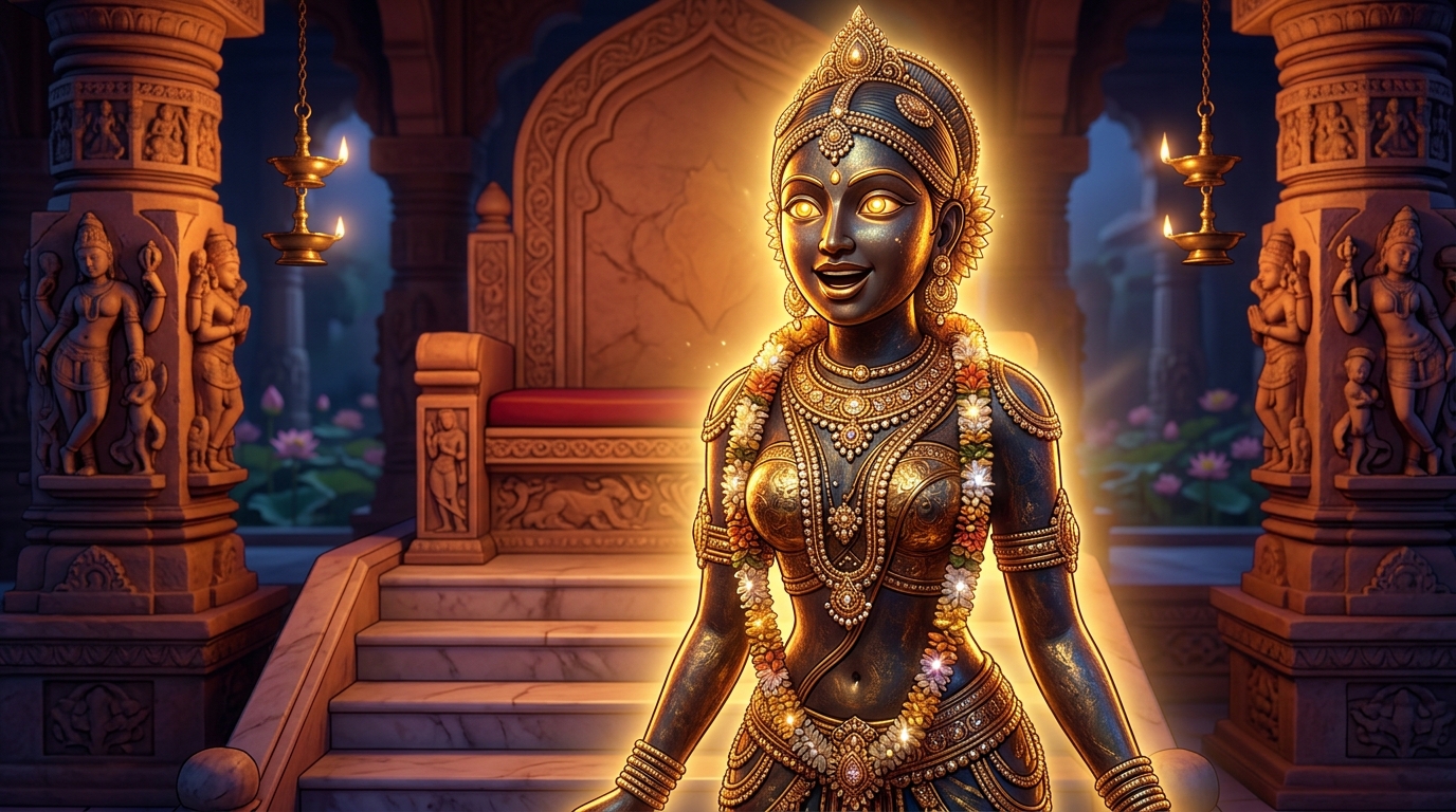 King Bhoja steps down from the first step onto the marble floor