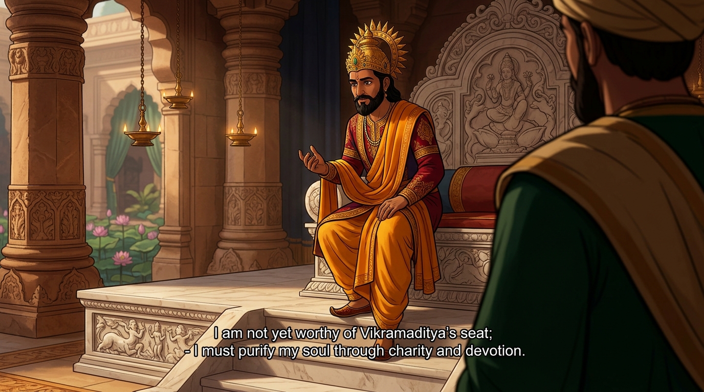 Twilight falls across the palace hall as evening conches echo; the throne stands silent
