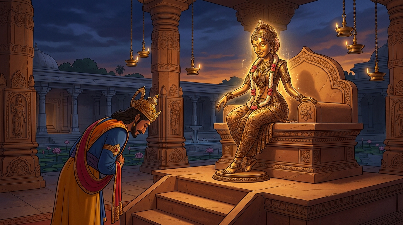 King Bhoja returns to his chambers in fasting and prayer, awaiting the dawn of Statue 2