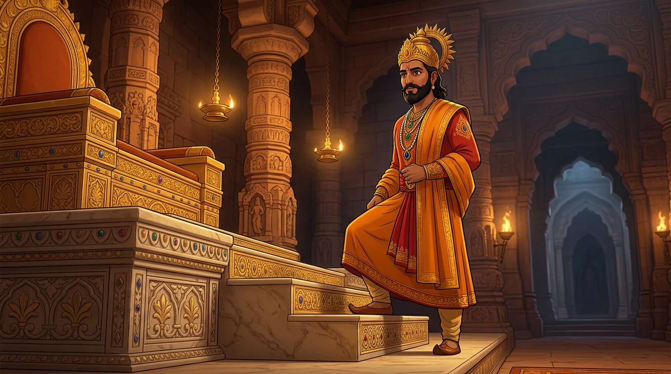 King Bhoja lifting his right foot toward the second step as emerald and golden radiance erupts