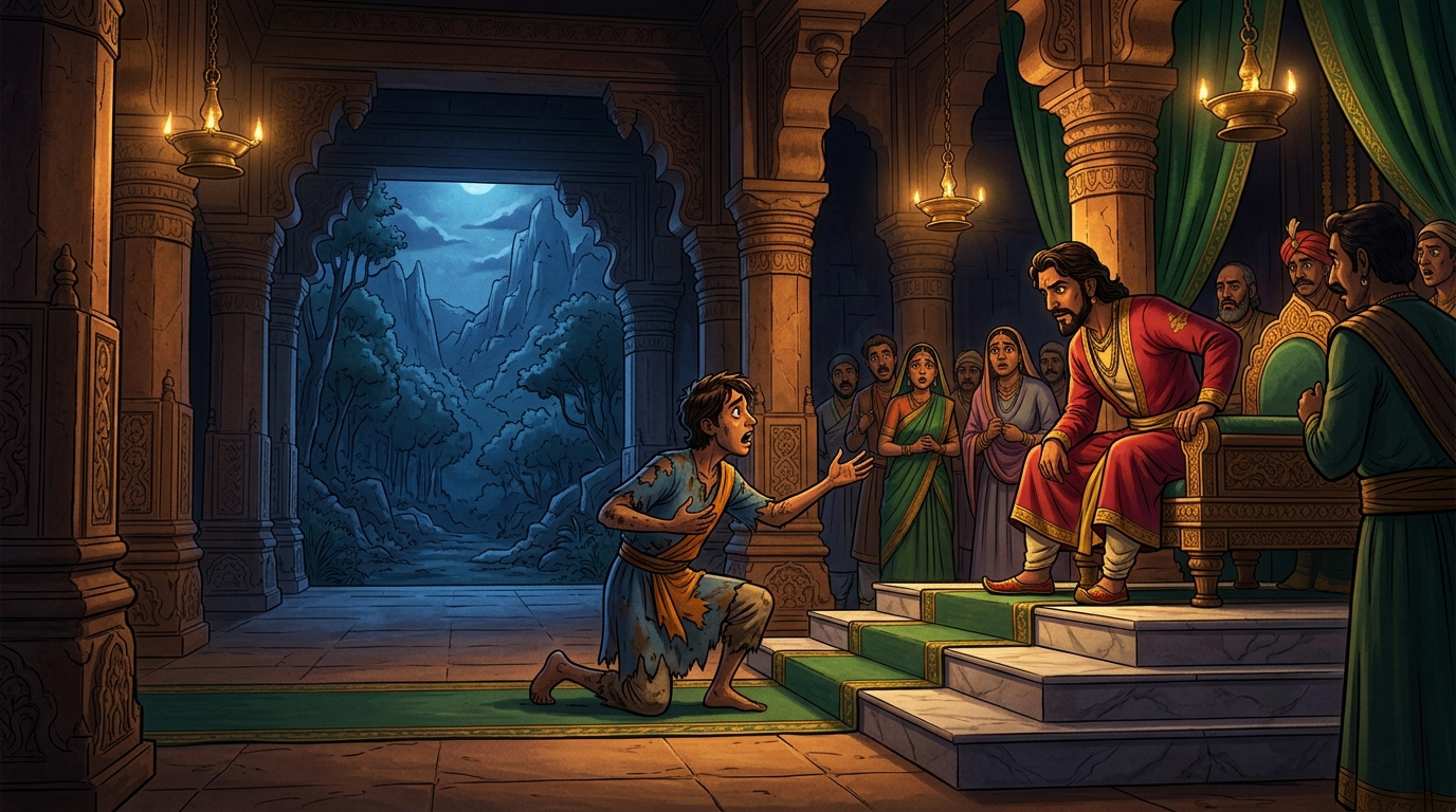 Disguised Vikramaditya in a dark traveler's wool cloak patrolling the flooded alleys