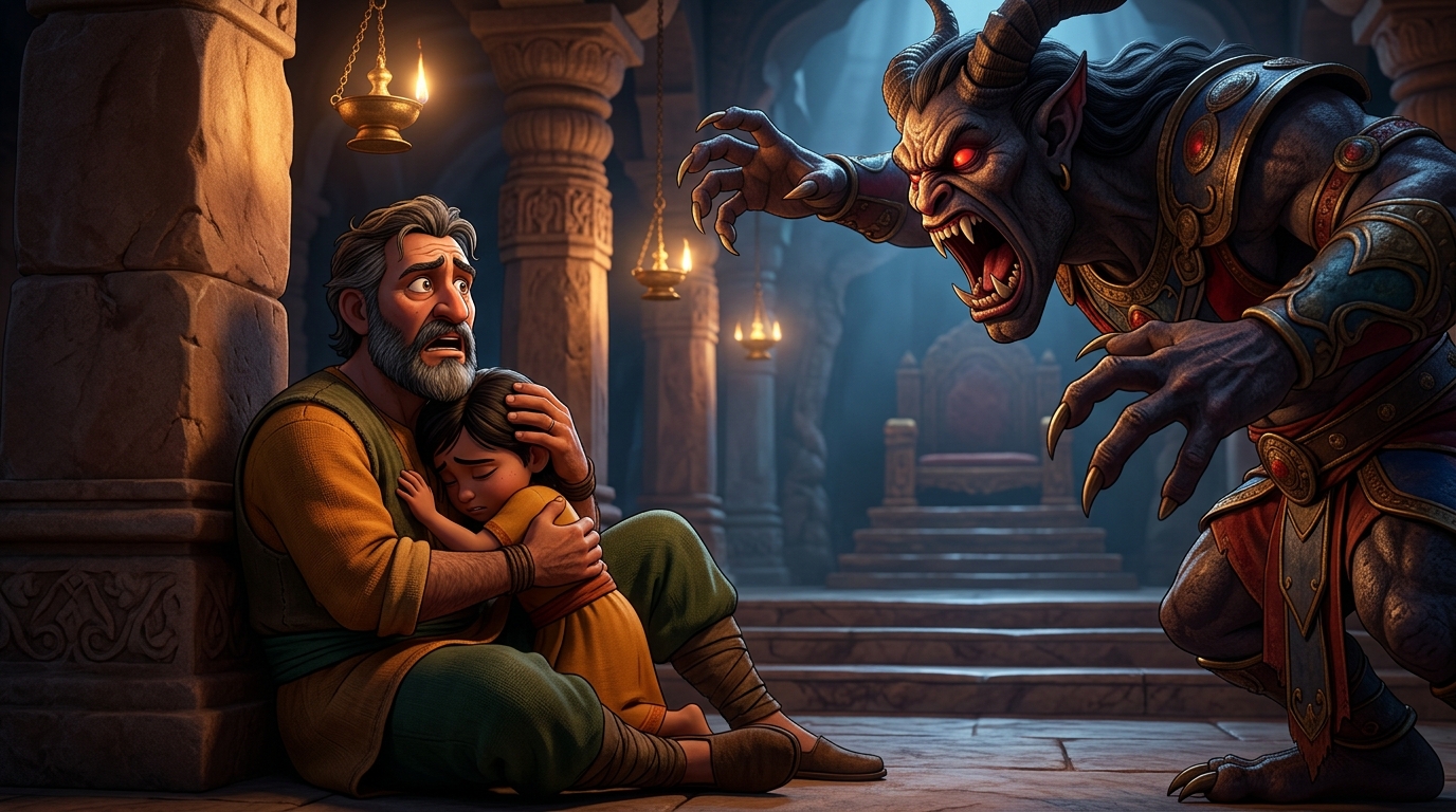 Inside the hovel: poor scholar Haridatta weeping over his starving children