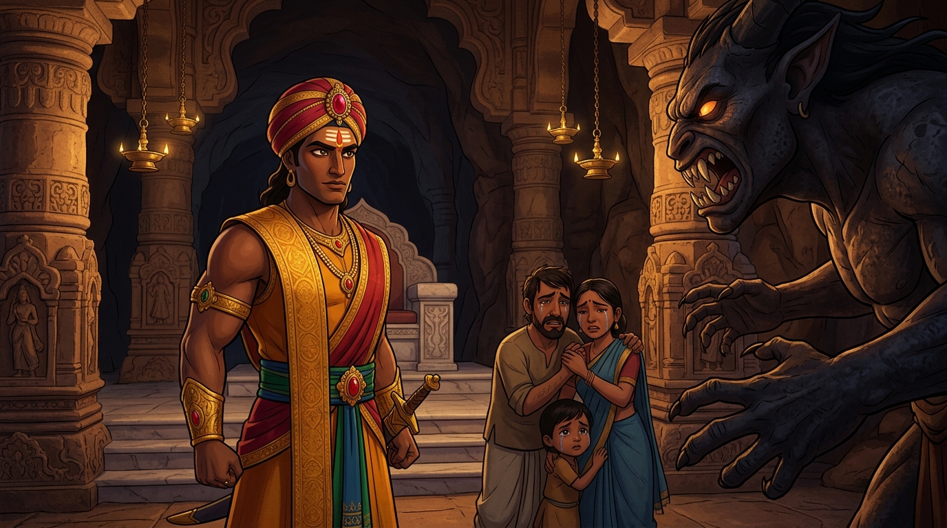 Vikramaditya steps inside, placing a heavy purse of gold coins before the family