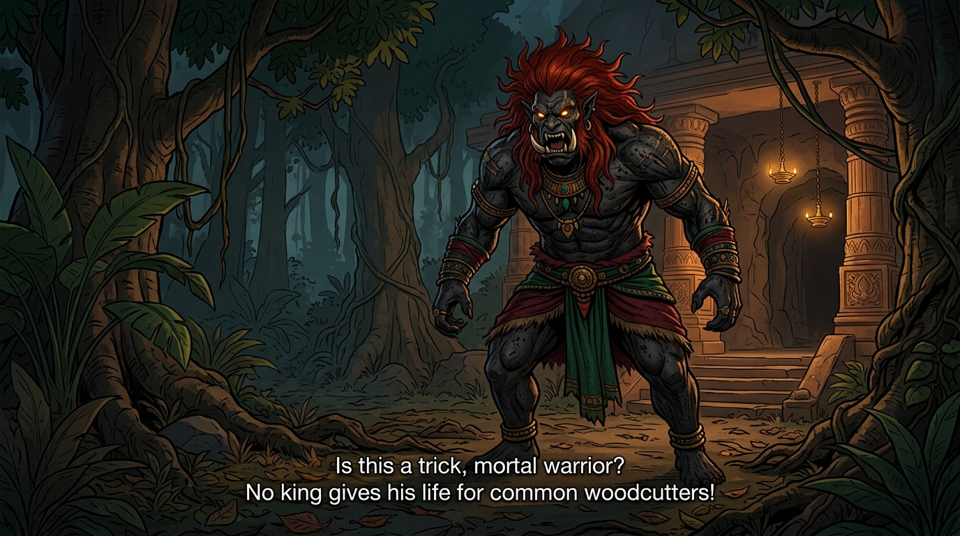 Vikramaditya walks alone through the stormy midnight cremation grounds past burning pyres