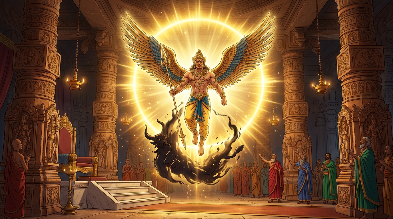 Vikramaditya sits in meditation before the altar, chanting Vedic hymns as illusions dissolve