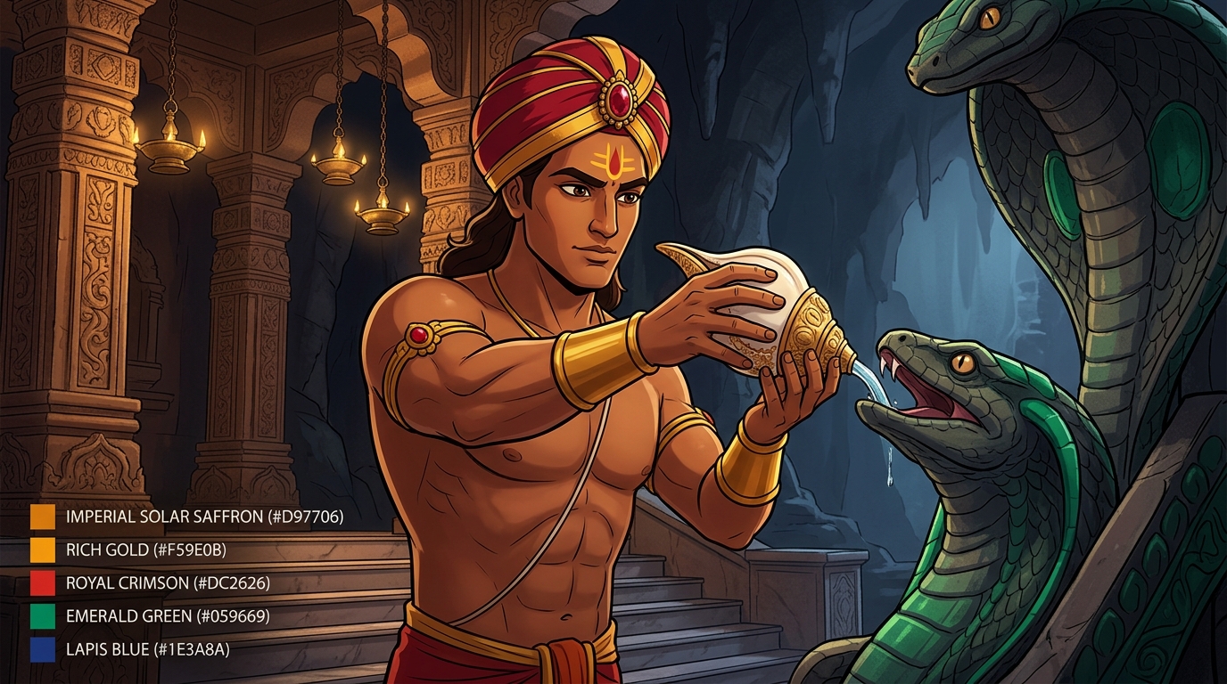 Vikramaditya raises the sword with full force to sever his own crowned neck