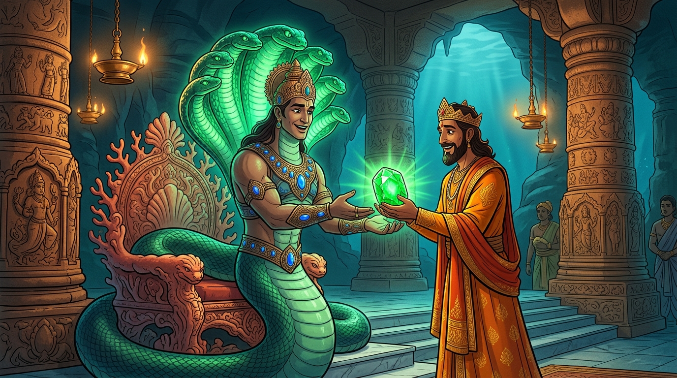 Goddess Mahakali's glowing golden hand catches the falling sword in mid-air