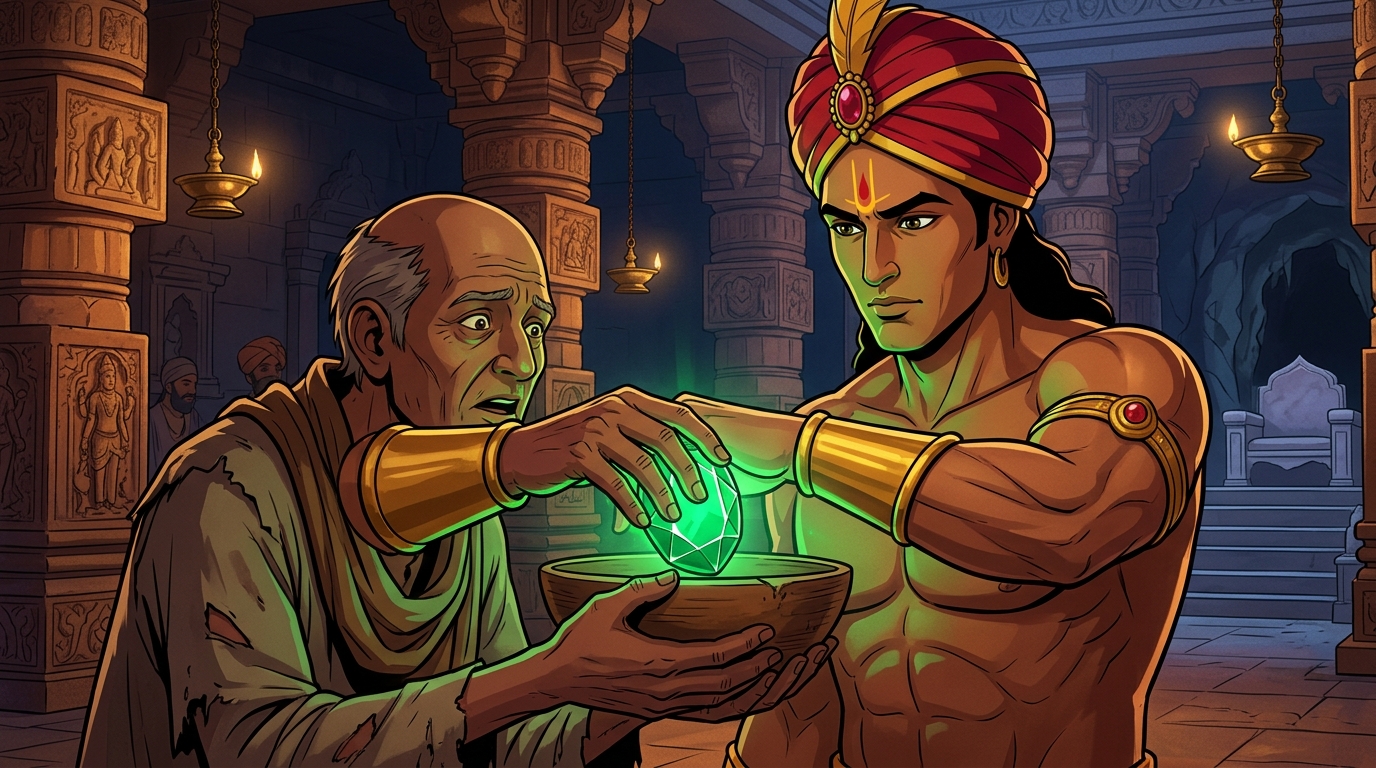 Vikramaditya bows with tears of devotion at the lotus feet of the Goddess