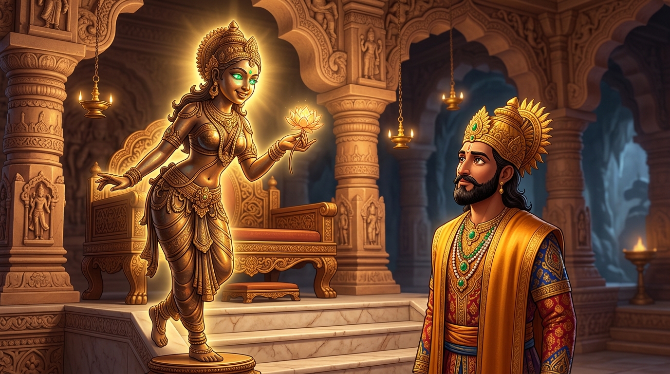 Living statue Chitralekha looks down at King Bhoja with a sharp, regal challenge
