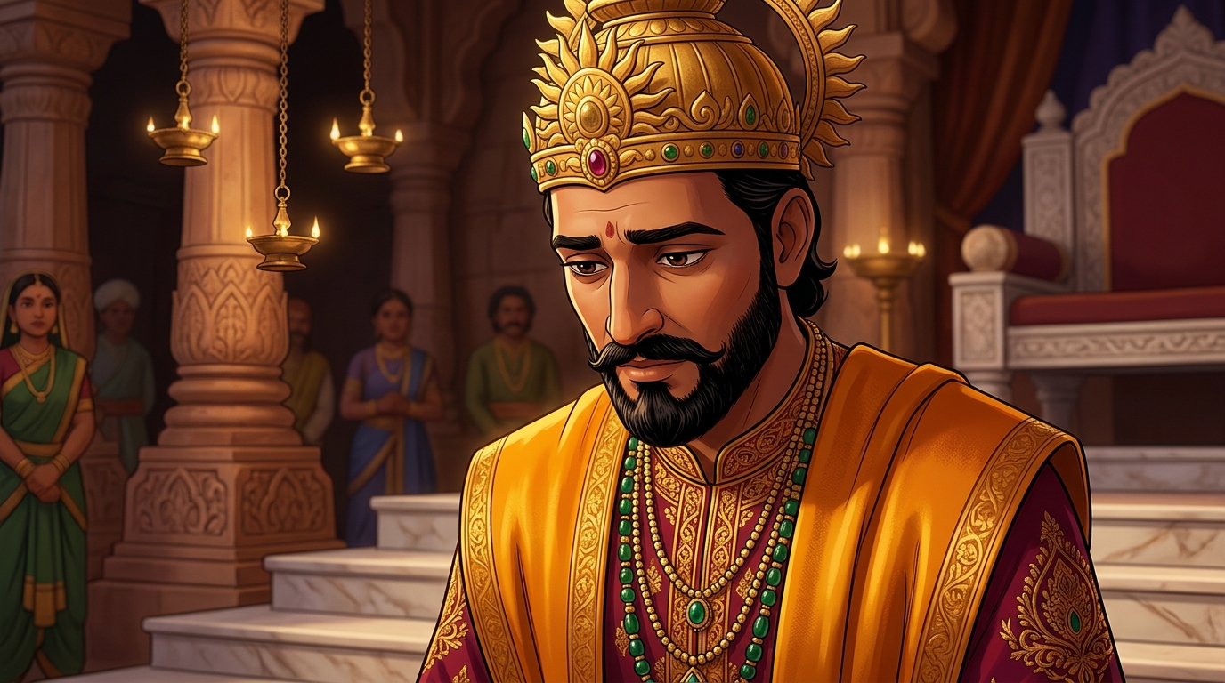 King Bhoja steps down from the second step onto the marble floor