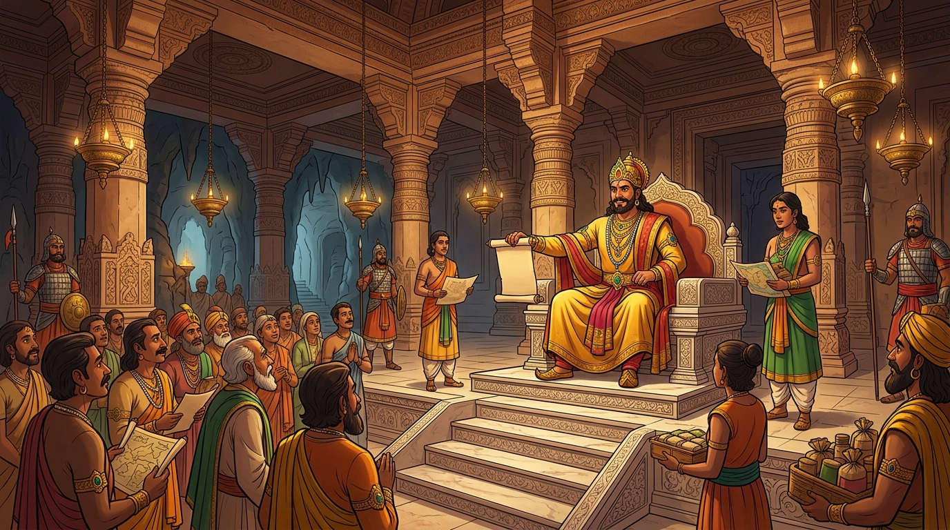 Twilight falls across the palace hall as evening conches echo; the throne stands silent
