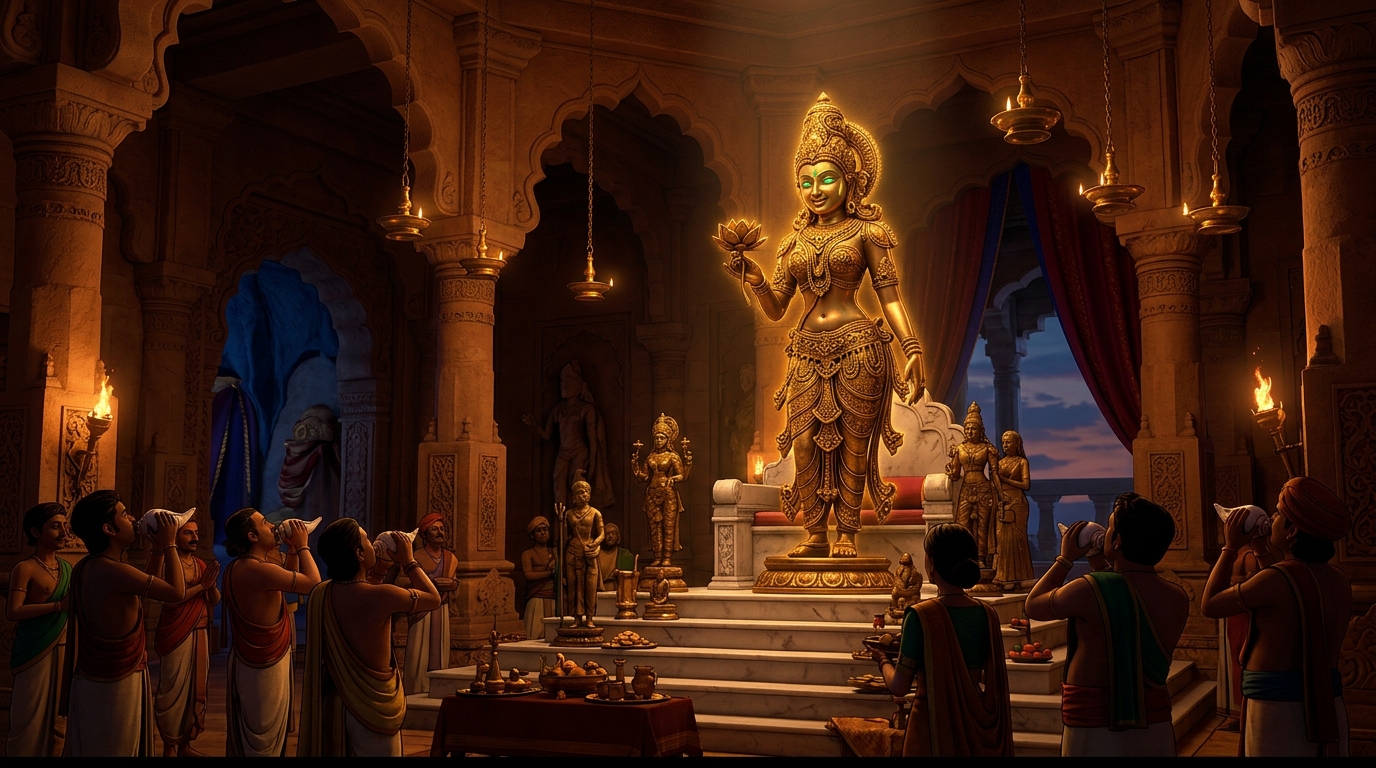 King Bhoja returns to his chambers in fasting and prayer, awaiting the dawn of Statue 3 Chandrakala